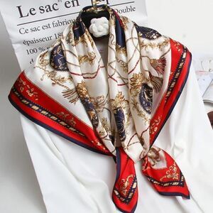 Women's Fashion Red or Blue Print Square Scarf Soft Satin Silky Shawl Scarves
